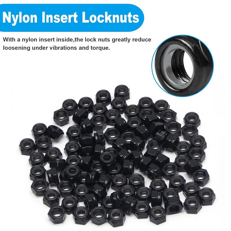 Yinpecly 100Pcs M5 x 0.8mm Nylon Insert Hex Lock Nuts Carbon Steel Zinc Plated Locknuts Self-Locking Nut M5 Metric Black Standard Threaded Nylock Nuts for Industrial Construction Fasteners - Image 4